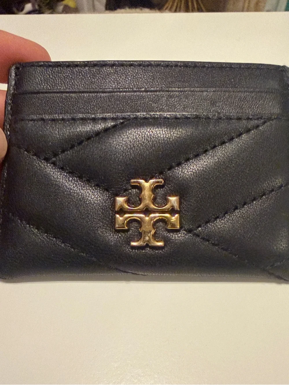 Tory Burch Kira Black Quilted Leather Card Case with Gold Logo